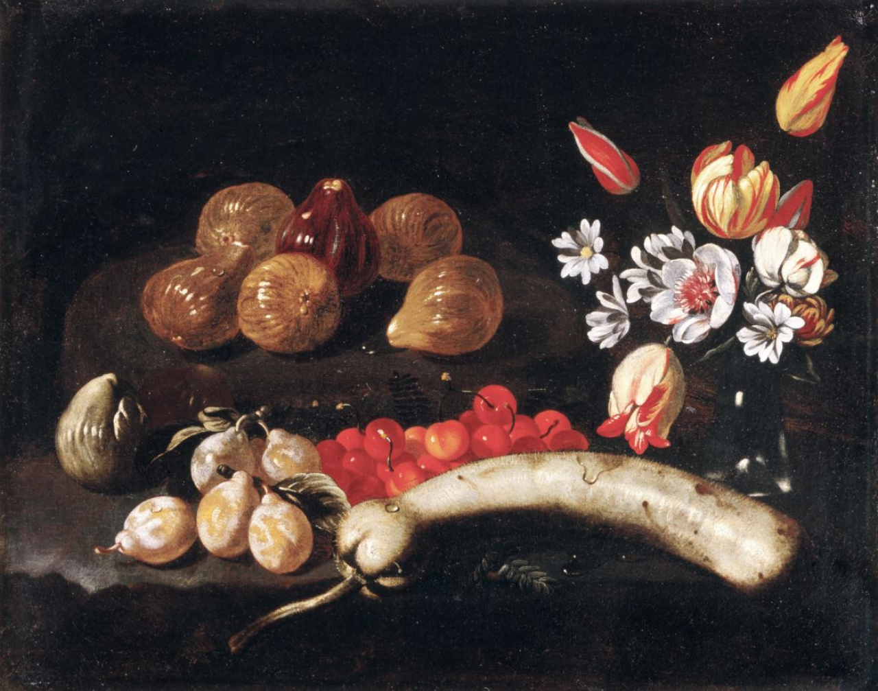 Natura morta con susine, ciliegie, zucca, fichi e un vaso di fiori