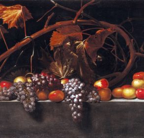 Natura morta di uva e mele su un piano con un tralcio di vite